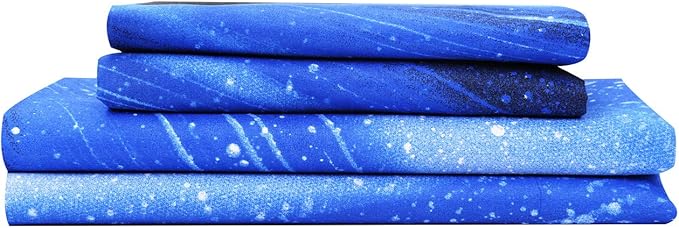 Bedlifes Galaxy Outer Space Sheet Set, Galaxy Themed, 3 pcs Including Flat Sheet, Fitted Sheet, and 1 Pillowcase (Light Blue King)
