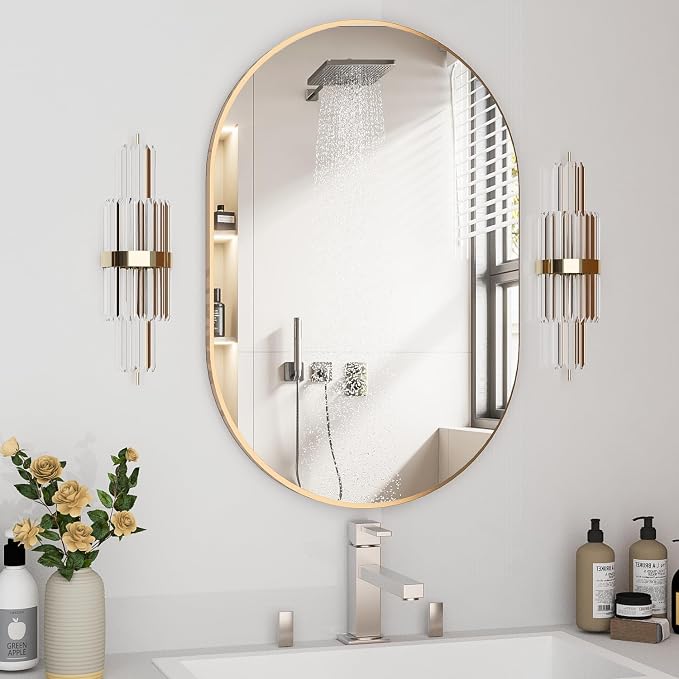 Oval Bathroom Mirror Capsule Wall Vanity Mirror, 24"x36" Pill Mirrors Wall Mounted Mirror, Large Modern Mirror with Gold Metal Frame, Decor for Entryway, Bedroom