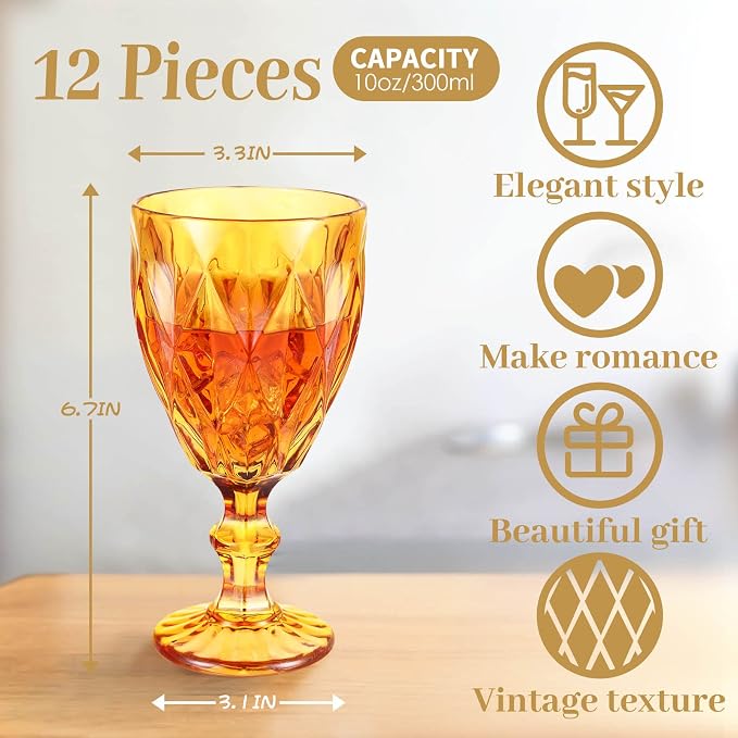 Yinder Glass Goblet Vintage Wine Goblet Embossed Glassware 10 oz Solid Color Glass Stemmed Cups for Iced Tea Beverage Soda Juice Water Liquor and Party Wedding Bars Restaurants(Amber,12 Pack)