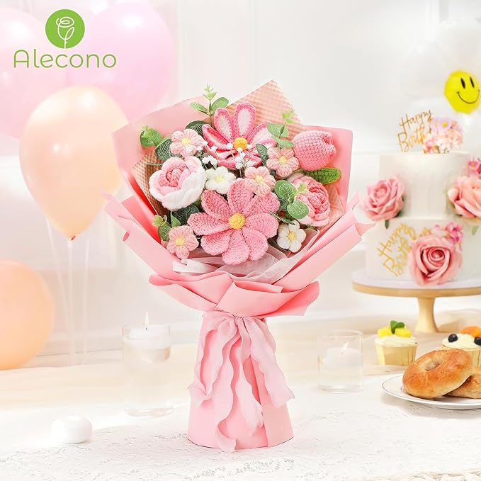 Alecono Crochet Flower Bouquet, Pink Knitted Flowers, Crochet Tulip Galsang Flower for Lover Anniversary Birthday Party Mother's Day Graduation Gifts (Include Card)