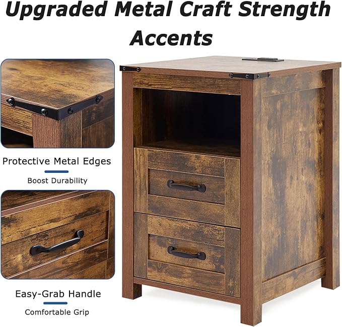 Farmhouse Night Stand, Rustic Brown Nightstand for Bedroom, End Tables with Charging Station, Bedside Table with Drawers, Wood Bedside Cabinet Dresser