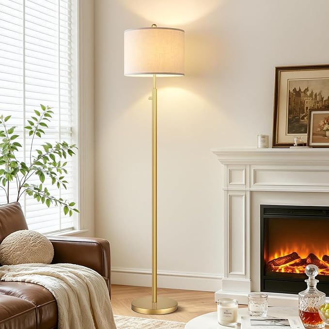 Nintiue 【Upgraded】 Dimmable Floor Lamp for Living Room, 11W LED Bulb Included, Modern Standing Lamp, Tall Pole Light with Linen Shade for Bedroom Reading Office Corner Nursery-Gold