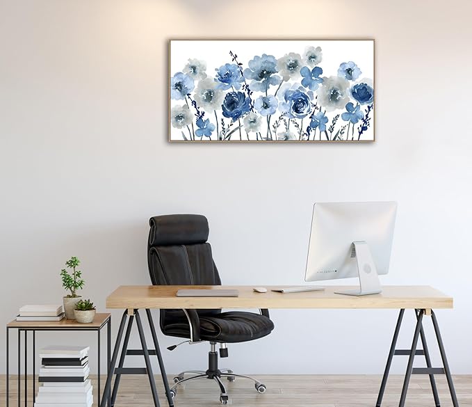 Framed Flowers Canvas Wall Art - Indigo Floral Canvas Pictures Living Room Wall Decor Botanical Canvas Prints Painting Abstract Artwork Bedroom Office Home Decor 20"x 40"