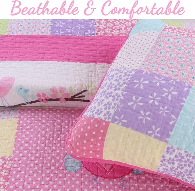 Cozy Line Home Fashions Pink Owl All Season Lightweight 100% Cotton Quilt Set with 5 Decor Pillows-Coverlet Bedding Bedspread for Kids Toddler Girls Bedroom (Owl, Queen - 8 Piece)