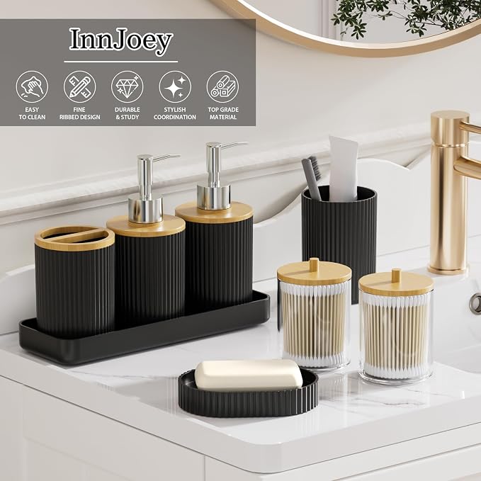 10PC Bathroom Accessories Set - Black and Wooden Bathroom Sets, Bathroom Accessory Set with Pop Up Trash Can, Toilet Brush, Trash Can, Qtip Holder & Soap Dispenser