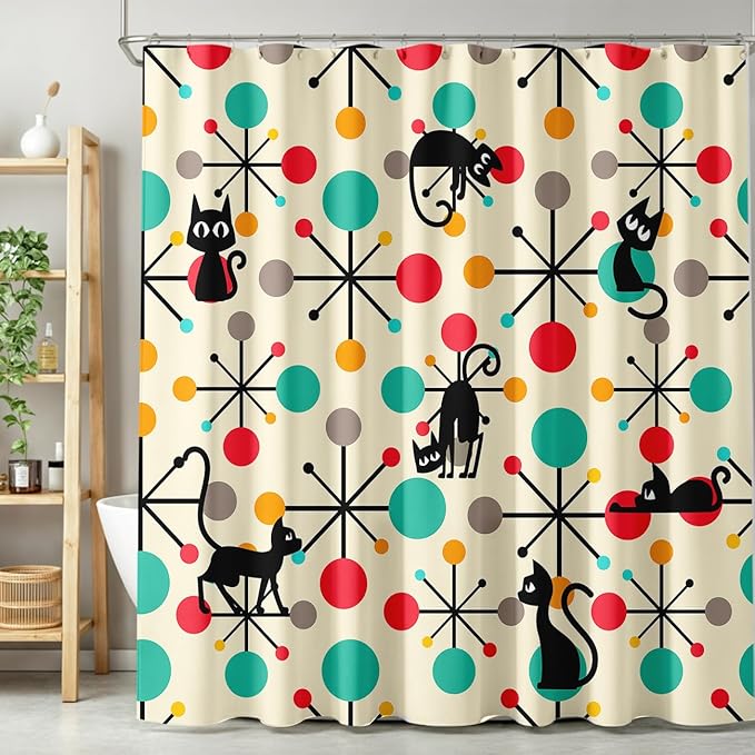 Mid Century Modern Cat Shower Curtain,Abstract Atomic Starburst Geometric Diamond Pattern Shower Curtains Set for Bathroom Fabric Decorative Bath Curtain Washable Curtain Hooks, 72x72 inch