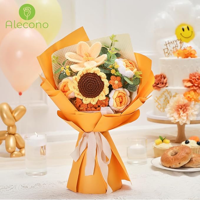 Alecono Crochet Flower Bouquet, Orange Knitted Flowers, Crochet Sunflower Flower for Lover Anniversary Birthday Party Mother's Day Graduation Gifts (Include Card)