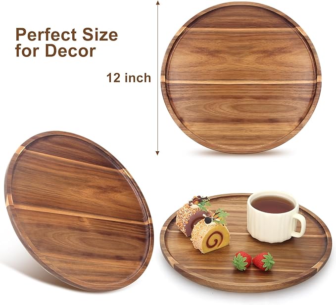 Acacia Round Wood Tray Decorative Serving Trays for Ottoman Coffee Table Candle Holder Tray Kitchen Counter Island Accents Home Decor Circle Circular Wood Centerpiece Trays for Dining Room Table