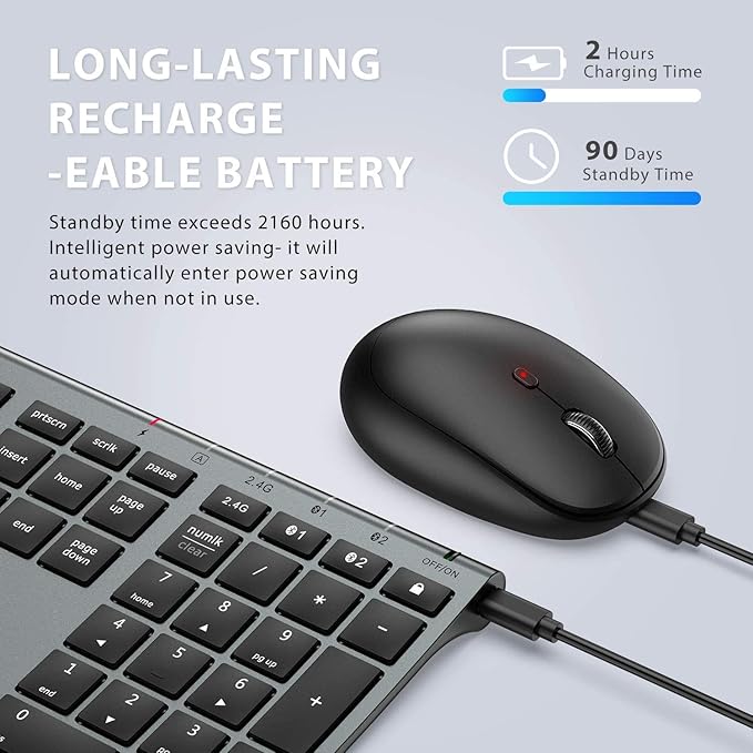 iClever DK03 Bluetooth Keyboard and Mouse, Rechargeable Dual-Mode (Bluetooth 4.2 + 2.4G) Wireless Keyboard and Mouse Combo, Ultra-Slim Multi-Device Keyboard for Mac, iPad, Apple, Android, Windows
