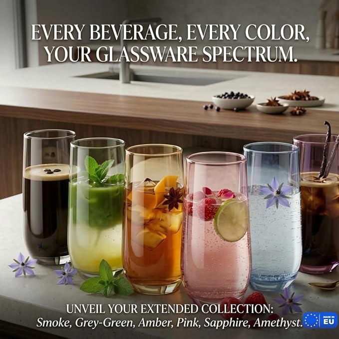 Smokey Sand Drinking Glasses Set of 6 | Translucent Brown Glassware | 16 oz Brown Glass Cups | Highball Drinkware for Cocktails, Long Drink, Mojito, Juice, Soda | Modern Tortoise Drinkware