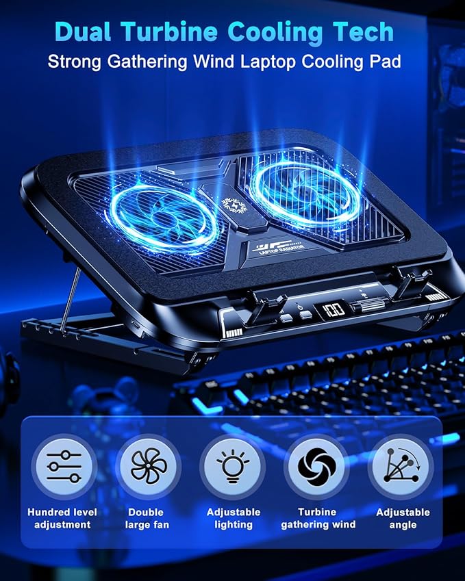 Laptop Cooling Pad with Dual Core Cooler, Gaming Laptop Cooler with 5.5in 2 Powerful Turbofan(9500 RPM), Fast Cooling Laptop 12-21in, 5 Height Stands, 100 Gear Speed, LCD Screen, RGB, Phone Holder