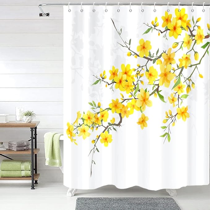 Yellow Floral Extra Long Shower Curtain, Flower Blossom Plant Botanical Spring Durable Waterproof Fabric Machine Washable with Hooks for Bathroom Bathtub Decor 72Wx84H