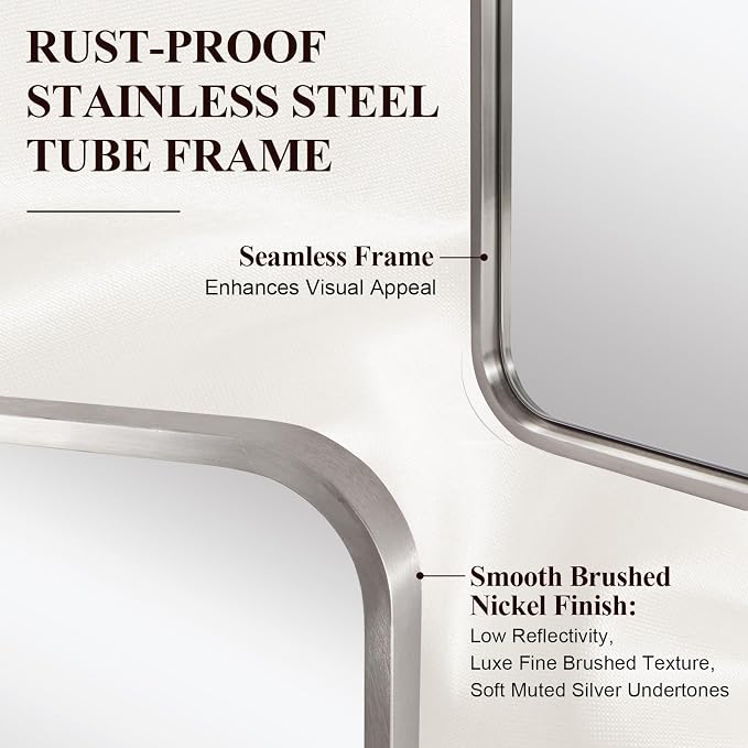ANDY STAR 24x48'' Brushed Nickel Bathroom Vanity Mirror for Over Sinks, Rounded Rectangle Bathroom Wall Mirror in 1'' Rustproof Tube Metal Frame Mirror Decorative Wall-Mounted Horizontal/Vertical
