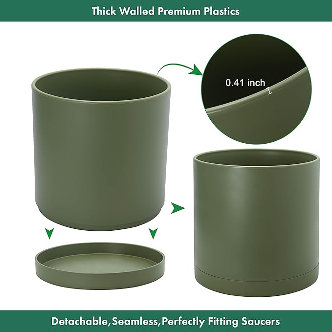 D'vine Dev 14 Inch Plastic Planter Pots for Plant Pot with Drainage Hole and Seamless Saucers, Olive, 74-X-I-4