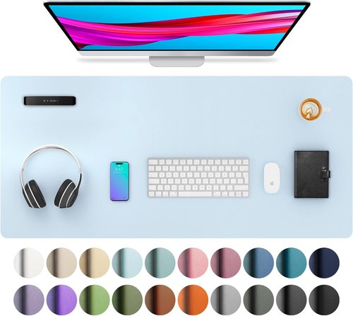 Aothia Leather Desk Pad - Non-Slip PU Leather Protector & Mouse Pad | Waterproof Office Mat (36" x 17", Baby Blue)