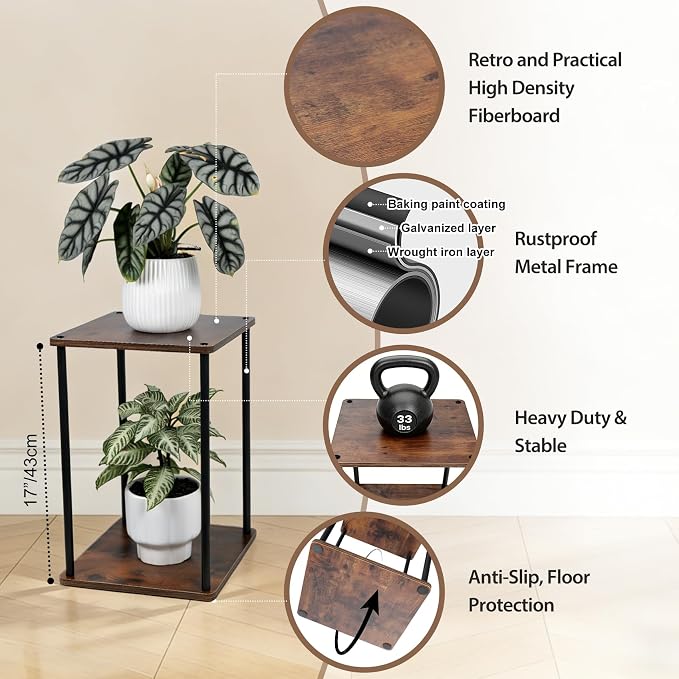Vigordream Plant Stand Indoor Outdoor 2 Tier Metal Plant Shelf Tall Pedestal Stand Flower Pot Stands Multiple Planter Support Rack for Corner Living Room, Balcony, Garden Patio (Retro Brown, 17 INCH)
