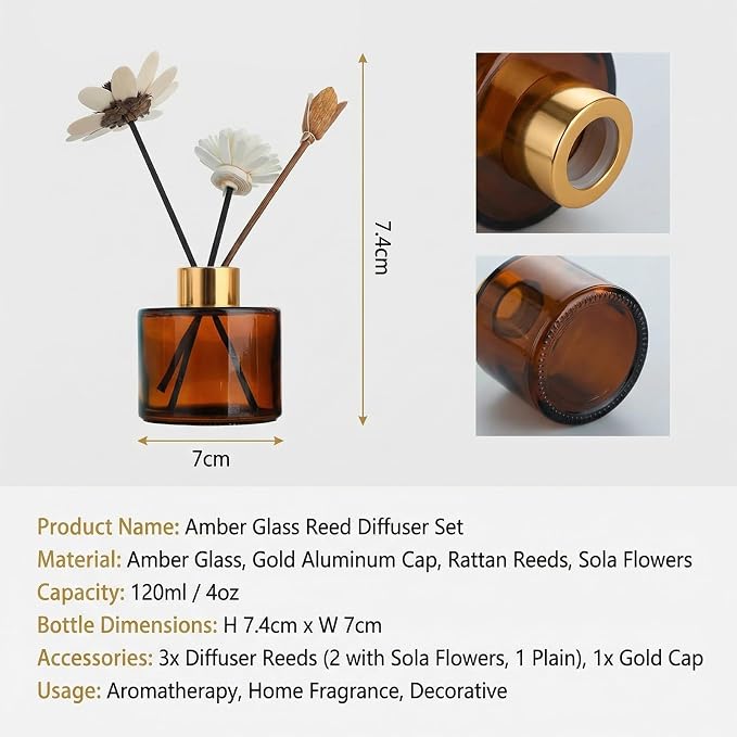 120ml 4oz Round Amber Glass Diffuser Bottles,Empty Aromatherapy Essential Oil Container, DIY Replacement Diffuser Jar with Gold Lid for Home Fragrance Bathroom Decor & Flower Bud Vase