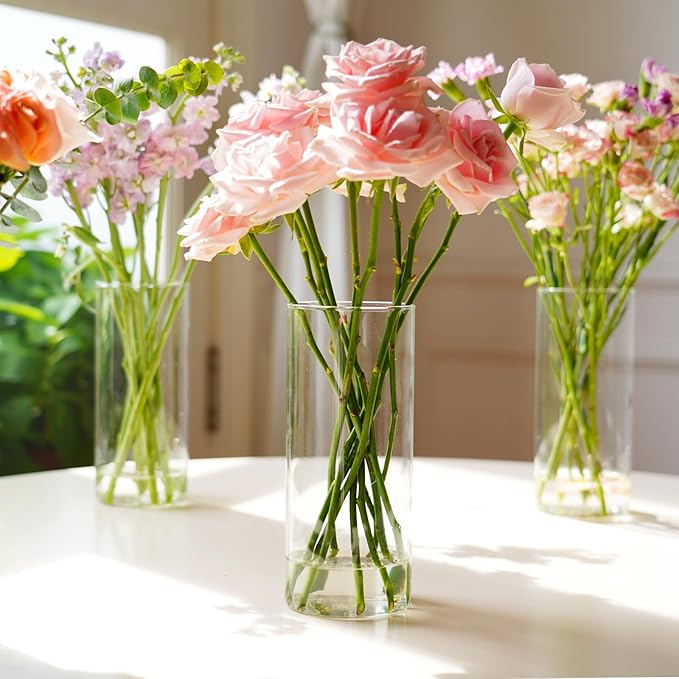 4pcs Glass Cylinder Vases for Centerpieces - 8 Inch Tall Glass Vases for Flowers, Hurricane Candle Holders Floating Candle Vase for Table Centerpiece Formal Dinners Home Decor