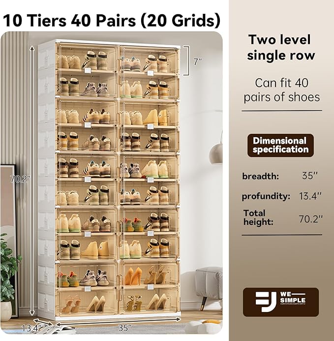 wesimple 40 Pairs Shoes Storage Cabinet of 3-Step Fast Installation,Plastic Shoe Rack with Clear Magnetic Door for Display，Foldable Shoe Organizer for Entryway, Living Room, Garage (2 Row, 10 Tier)