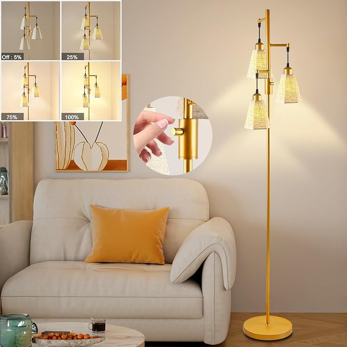 Lightdot 68IN Dimmable Floor Lamp for Living Room, Industrial 3-Light Tree Floor Lamps with LED E26 Bulbs Included, Mid Century Floor Lamp with Fabric Patterned Lampshades for Bedroom HOM Office-Gold