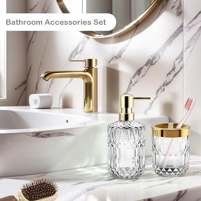 2Pcs White Bathroom Accessories Set, Glass Bathroom Accessories, Vintage Bathroom Countertop Decoration Includes Soap Dispenser, Toothbrush Holder