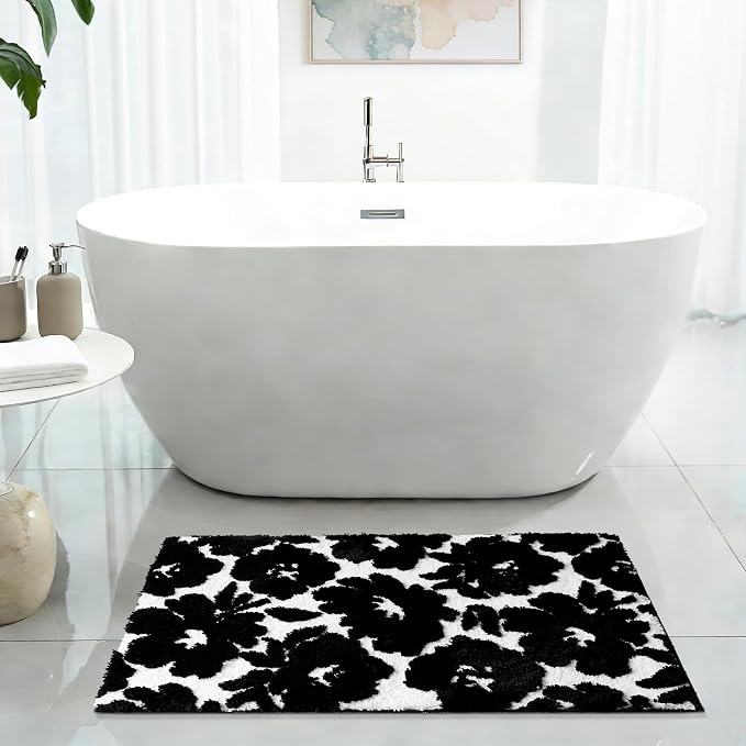 Civkor Black and White Bathroom Rug, Tufted Flower Bath Mat for Bathroom with Non Slip TPR Backing, Quick Dry Microfiber Surface, Soft and Super Water Absorbent Bath Rug, 24x16Inch