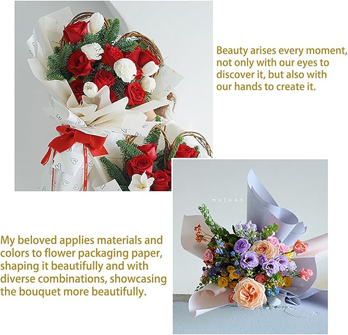 MLSG 20 Sheet Solid Color Heart Wrapping Paper - Waterproof Floral Bouquet Wrapping Paper, Florist Supplies Packaging Paper for Wedding Birthday Gift Wrap Paper (White Gold)