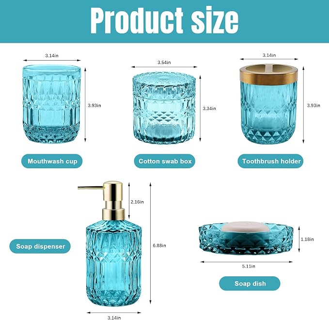 5Pcs Cyan Bathroom Accessories Set, Glass Bathroom Accessories, Vintage Bathroom Countertop Decoration Includes Soap Dispenser, Toothbrush Holder, Qtip Holder,Soap Dish and Rinsing Cup