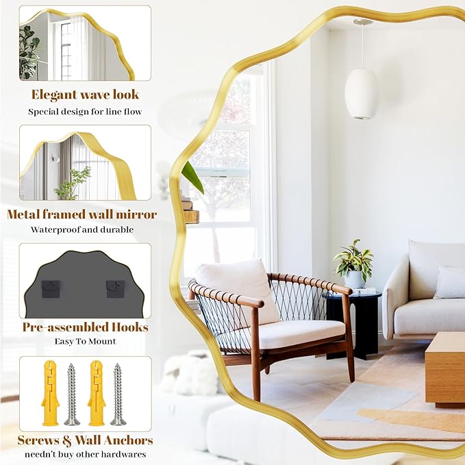 Round Wavy Mirror, 24 Inch Metal Frame Circle Mirror, Round Wall Mounted for Entryway, Bathroom, Vanity, Living Room, Gold