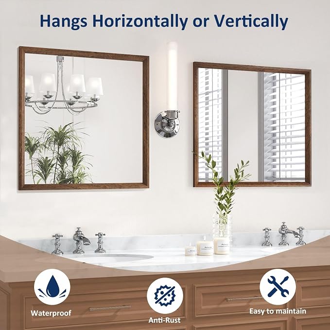 WEER Bathroom Mirror, 36x36 Inch Wall Mirror, Walnut Wood Grain Framed Mirror, Rectangle Vanity Mirror, Tempered Glass, Anti-Rust, Hangs Horizontally or Vertically