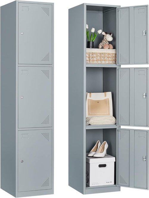 BYNSOE Metal Locker Cabinet - 3-Door Design for Employees, Schools & Gyms - Grey, Assembly Required