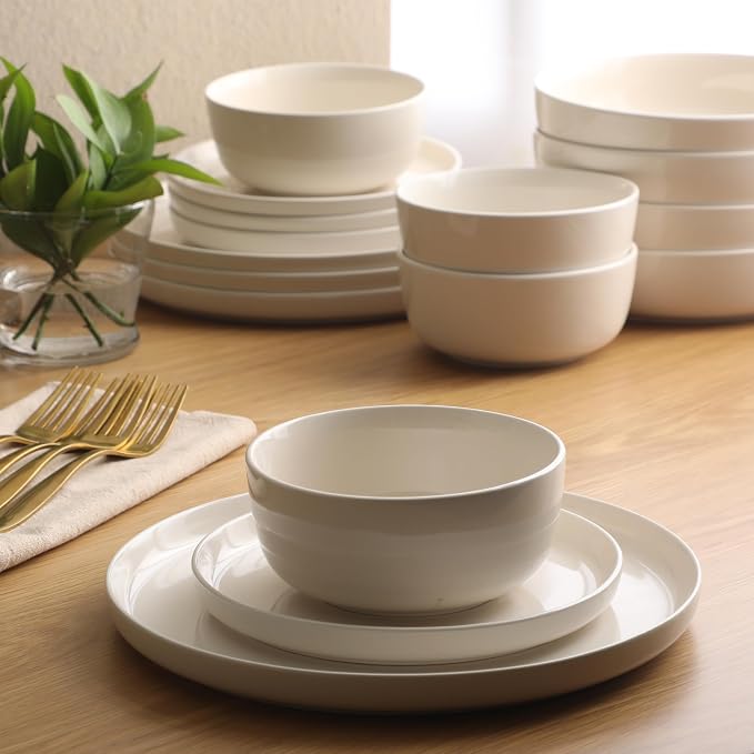 Gibson Home Serenity 16 Piece Modern Porcelain Dinnerware Set for 4, Linen White Plates and Bowls Set, Dinner Plates, Salad Plates, Pasta Bowls, Cereal Bowls