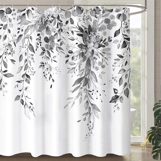 84 Inch Extra Long Gray and White Eucalyptus Shower Curtain Watercolor Grey Floral Plant Leaf Shower Curtains for Bathroom Flower Waterproof Fabric Bath Curtain with Hooks (Black, 72'' x 84'')