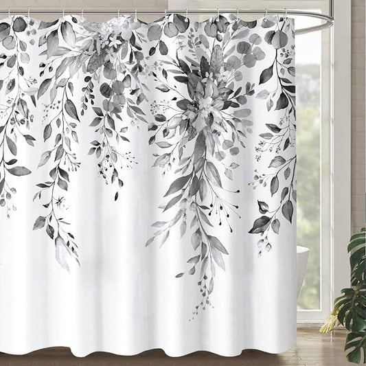 84 Inch Extra Long Gray and White Eucalyptus Shower Curtain Watercolor Grey Floral Plant Leaf Shower Curtains for Bathroom Flower Waterproof Fabric Bath Curtain with Hooks (Black, 72'' x 84'')