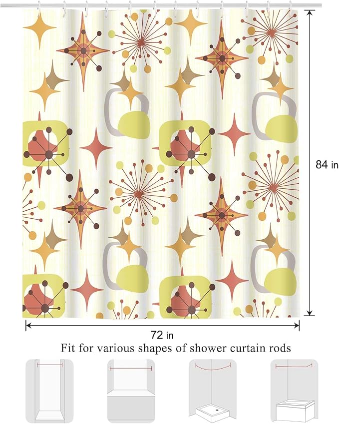 Mid Century Shower Curtain, 72x84inch, Modern Abstract Retro Yellow Striped Geometric Shower Curtain Sets 1950s Boho Bathroom Shower Curtain with 12 Hooks