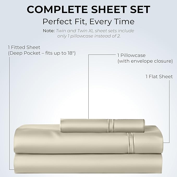 100% Natural Cotton Bed Sheets | 500 TC Single-Ply Sateen Weave Twin XL Sheets | Breathable & Hypoallergenic Solid 3-Piece Bedding with Deep Pocket Fitted, Flat, Pillowcase | Cream Beige