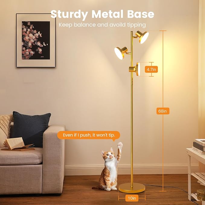 SIBRILLE 36W LED Tree Floor Lamp, Modern Dimmable Standing Lamp with Remote & Touch Control, 4 Color Temperatures, 3 Rotatable LED Light Floor Lamps for Living Room, Bedroom, Office