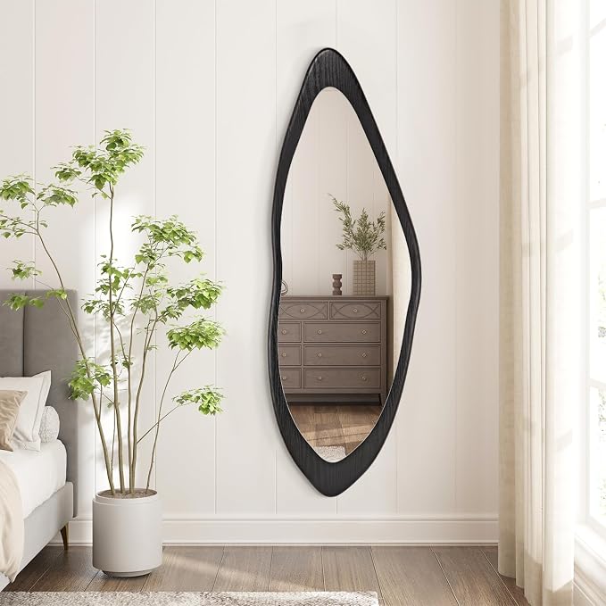 AAZZKANG Irregular Wall Mirror Full Length Large with Wood Framed 47"x16" Black Asymmetrical Full Body Mirrors for Bedroom Living Room Entryway