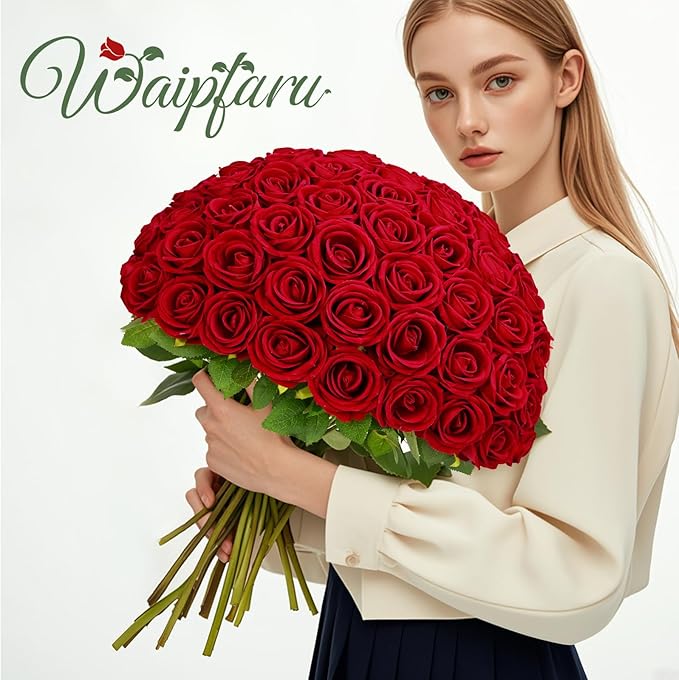 Waipfaru Red Roses Artificial Flowers Bulk, Real Touch Velvet Roses with Wrapping Paper, 50 Pcs Fake Flowers for Wedding Centerpieces Bridal Bouquet Valentines Mothers Day Decor