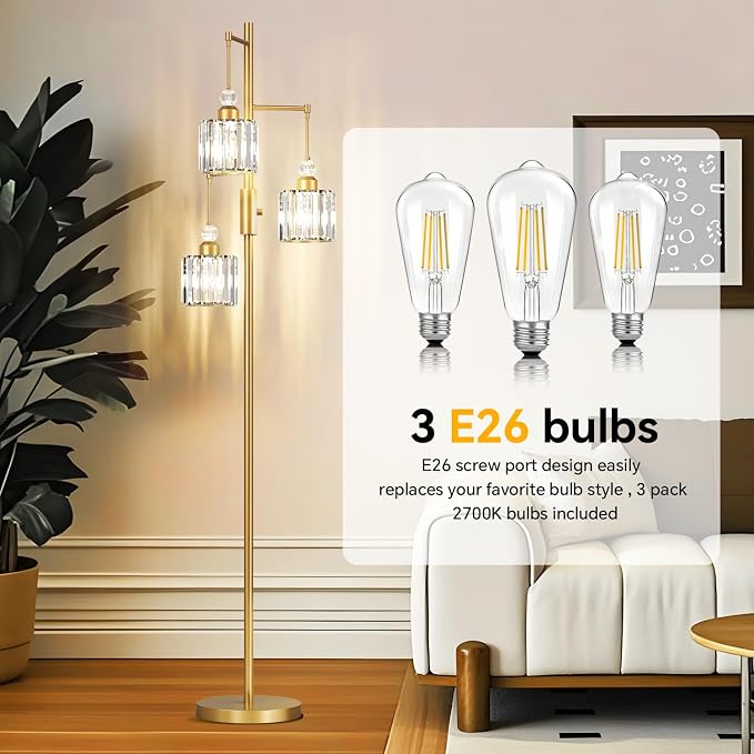 Black Tree Floor Lamp with 3 Crystal Cage Lampshades & Dimmable Bulbs - 70" Vintage Glam Standing Lamp for Living Room Bedroom, Industrial Modern Decor with Crystal Ball Accents (Gold)