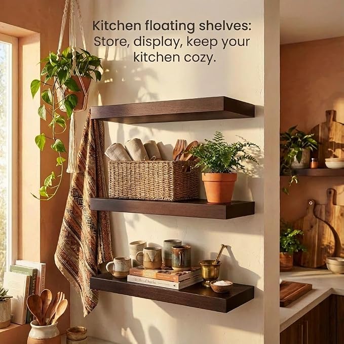 SAUMONIERES Floating Shelves Wall Shelf Solid Wood for Bathroom Bedroom Kitchen Set of 3, Espresso Wall Shelves