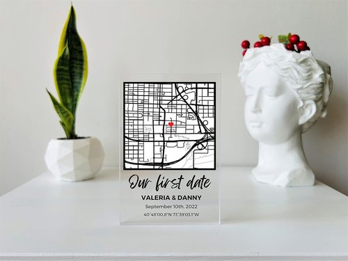NEXT DAY SHIP Custom Our First Date Map Acrylic Plaque - Personalized Couple Gift for Anniversary & Valentine's Day