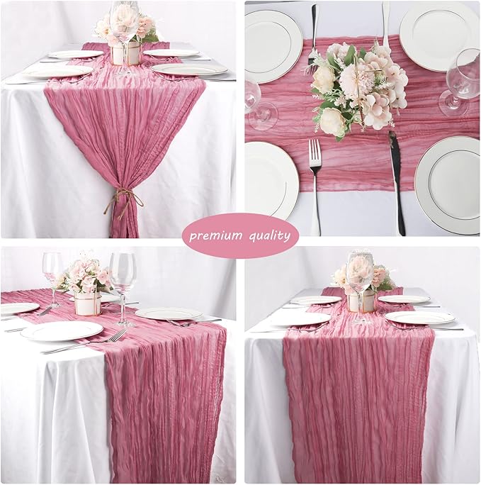 12 Pack 10Ft Cheesecloth Table Runner 35x120 Inch Boho Gauze Table Runner Rustic Cheese Cloth Long Romantic Table Runners for Wedding Bridal Shower Birthday Party Table Decor (Dusty Rose)
