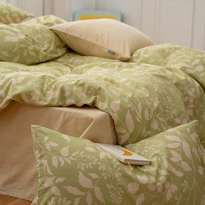 EAVD Garden Style Duvet Cover King Soft 100% Cotton Chic Shabby Botanical Pattern Print Sage Green Bedding Set with 2 Pillowcases Fresh Floral Comforter Cover Set