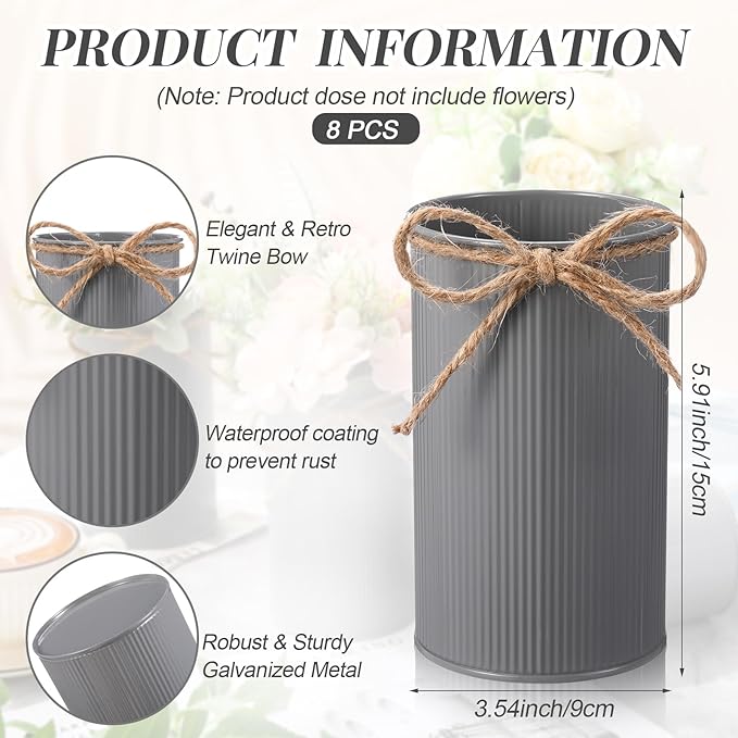 Domensi 5.91 in High Farmhouse Vase Decor Galvanized Metal Flower Vase with Twine Bow Vintage Rustic Tin Flower Buckets for Artificial Floral Table Container DIY(Gray,8 Pcs)