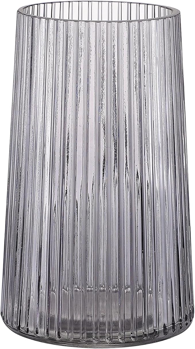Black Glass Vase for Flower, Flower Vase for Bouquet, Modern Glass Vases, Ribbed Vases for Living Room, Bedroom, Dining Table, Office, Wedding, Centerpieces, 8 Inches