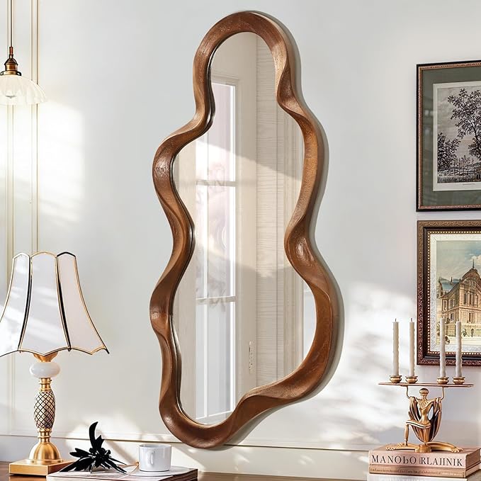 Asymmetrical Mirror Large Irregular Wall Mirror Modern Wood Frame Unique Artistic Mirrors Cute and Stylish Cloud Wavy Mirrors Decorative for Cloakroom Bedroom Living Room Bathroom Entryway 30"x14"
