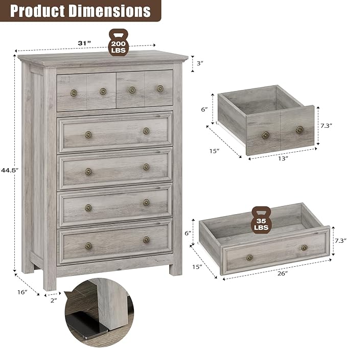 LGHM Dressers for Bedroom with 6 Drawers, 6 Drawer Dresser with Textured Borders, Chest of Drawers Closet Organizers and Storage Clothes - 6" Deep Drawer for Bedroom, Living Room,Gray