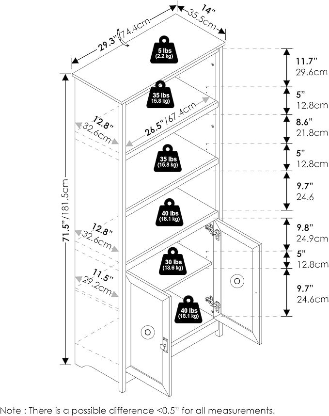 Furinno Robin Storage Cabinet, Pantry Cabinet with 3-Tier Adjustable Shelves with 2 Door Cabinet, 30W, Kitchen Organizer Cabinet, Organization and Storage, for Pantry, Living Room, Home Office, White