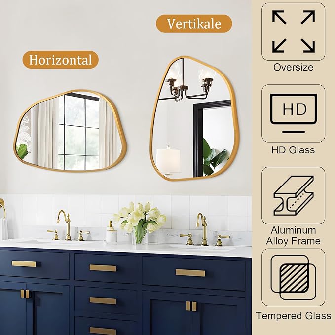 Irregular Mirror for Wall, Gold Wall Mirrors Decorative 20"x16" Asymmetrical Mirrors Aluminum Alloy Frame for Bathroom, Bedroom, Living Room, Cloakroom, Entryway